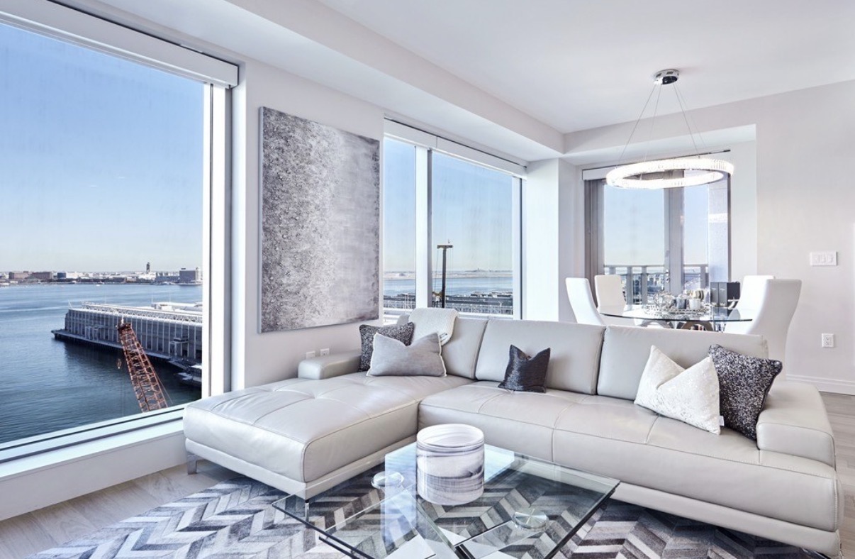 Luxury living room with harbor views